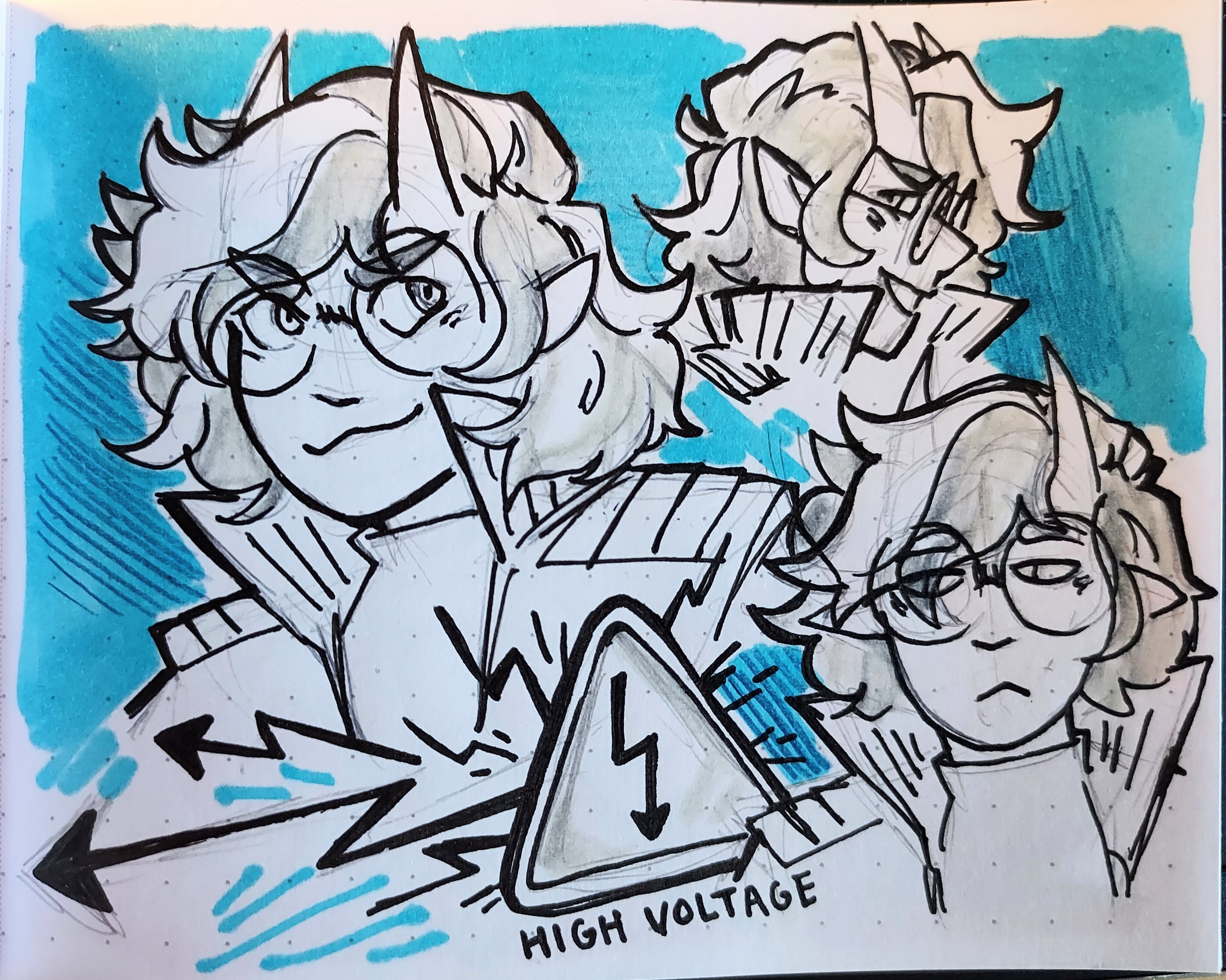 Page 2: Three busts of Essex, a horned woman with wavy black and white hair, round glasses, and a jacket with a popped collar. The background is colored electric blue. At the bottom, a sign labeled 'High Voltage' sits at an angle as lightning-like arrows emerge from it.